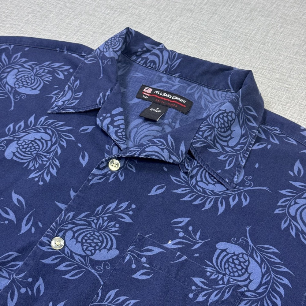 Polo Jeans Company Ralph Lauren Floral Button Shirt Mens M Blue Short Sleeve